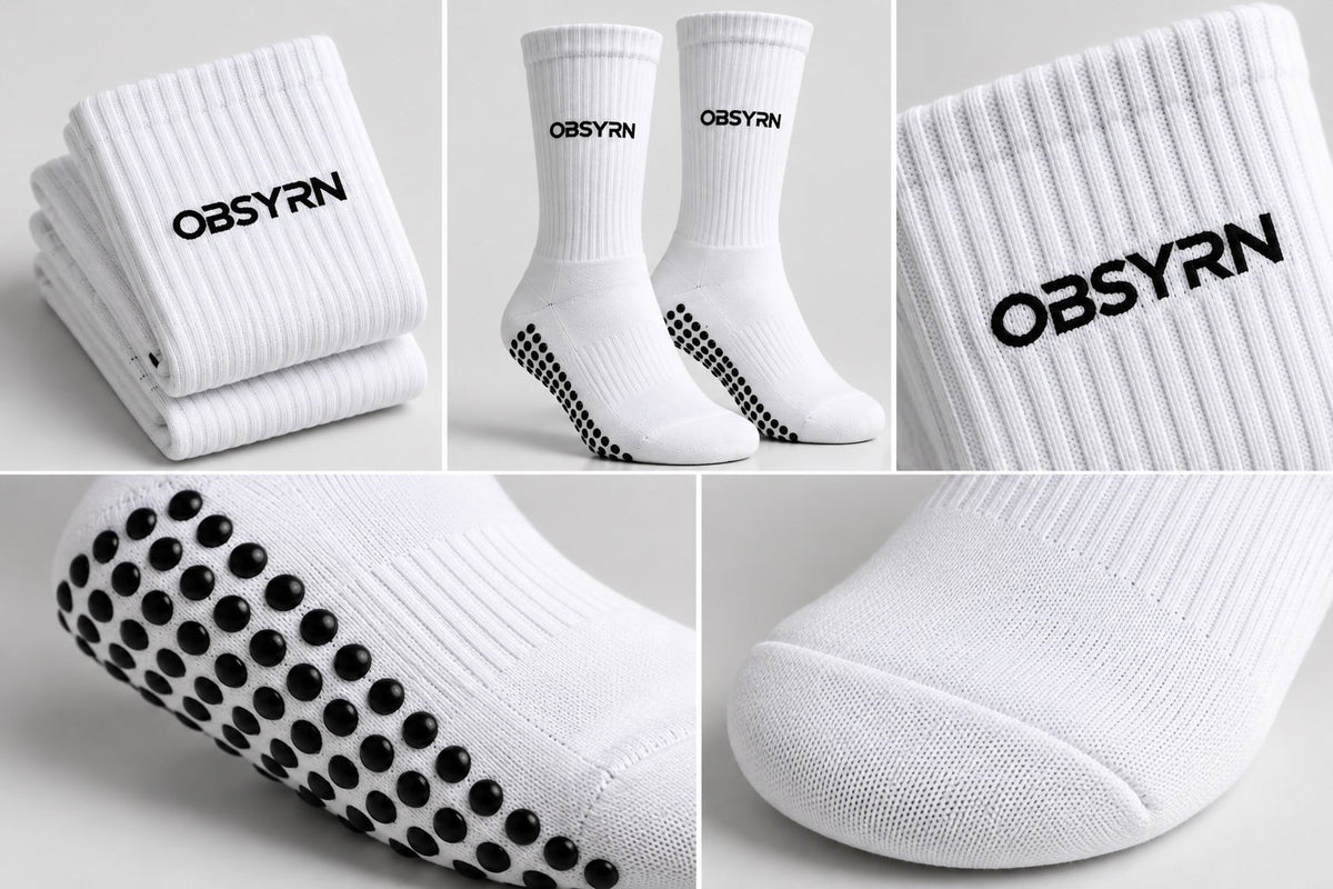 White women's Pilates crew grip socks with black OBSYRN branding